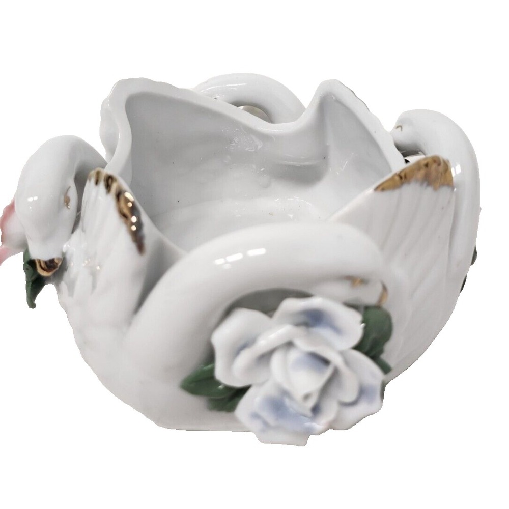 Vintage 3D Swan Roses Figural Bowl Candy Dish White Ceramic Cottagecore